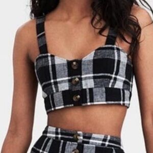 American Eagle Plaid Linen Blend Sleeveless Crop Top Size Large Women